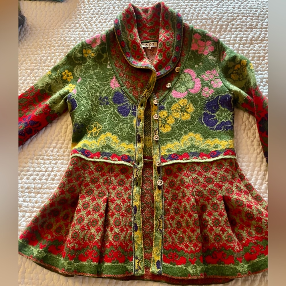IVKO Multicolor Floral Knit sweater. Button front with peplum.